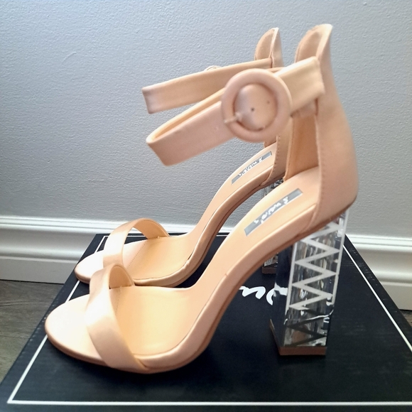 Qupid | lt champagne satin ~ clear chunk high heel with ankle buckle - Picture 4 of 9